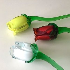 3 Hand Blown Glass Long Stem Roses Red Yellow White 14” Flowers